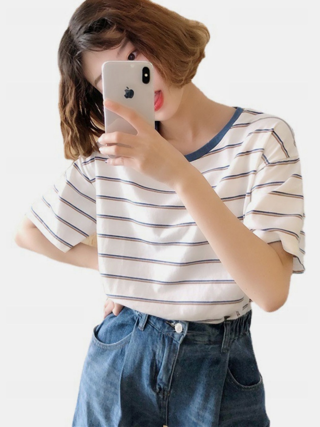 

DressBerry Women Striped Drop-Shoulder Sleeves T-shirt, White