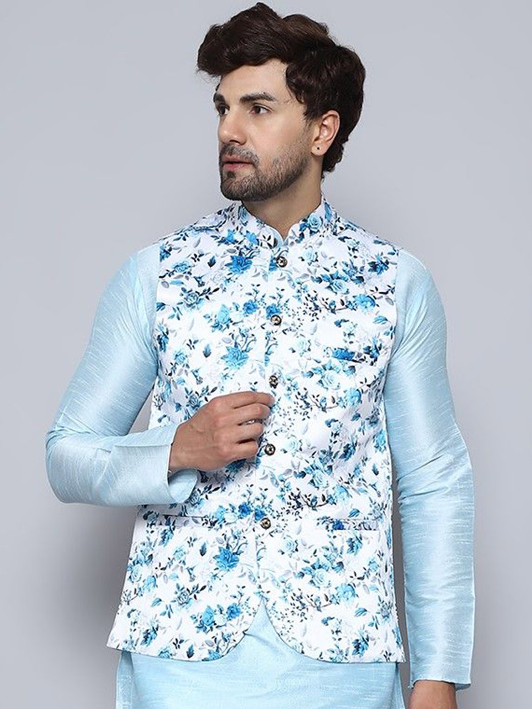 

BANHUSSAIN Floral Printed Satin Nehru Jacket, White