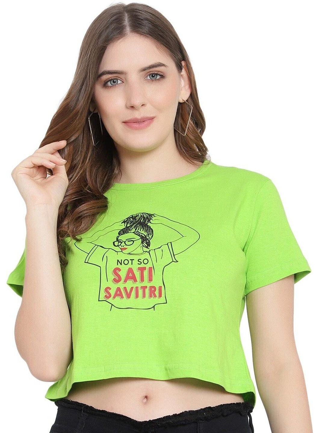 

DEEPMAYRA COLLECTION Women Graphic Printed Cotton High-Low Crop Top, Lime green