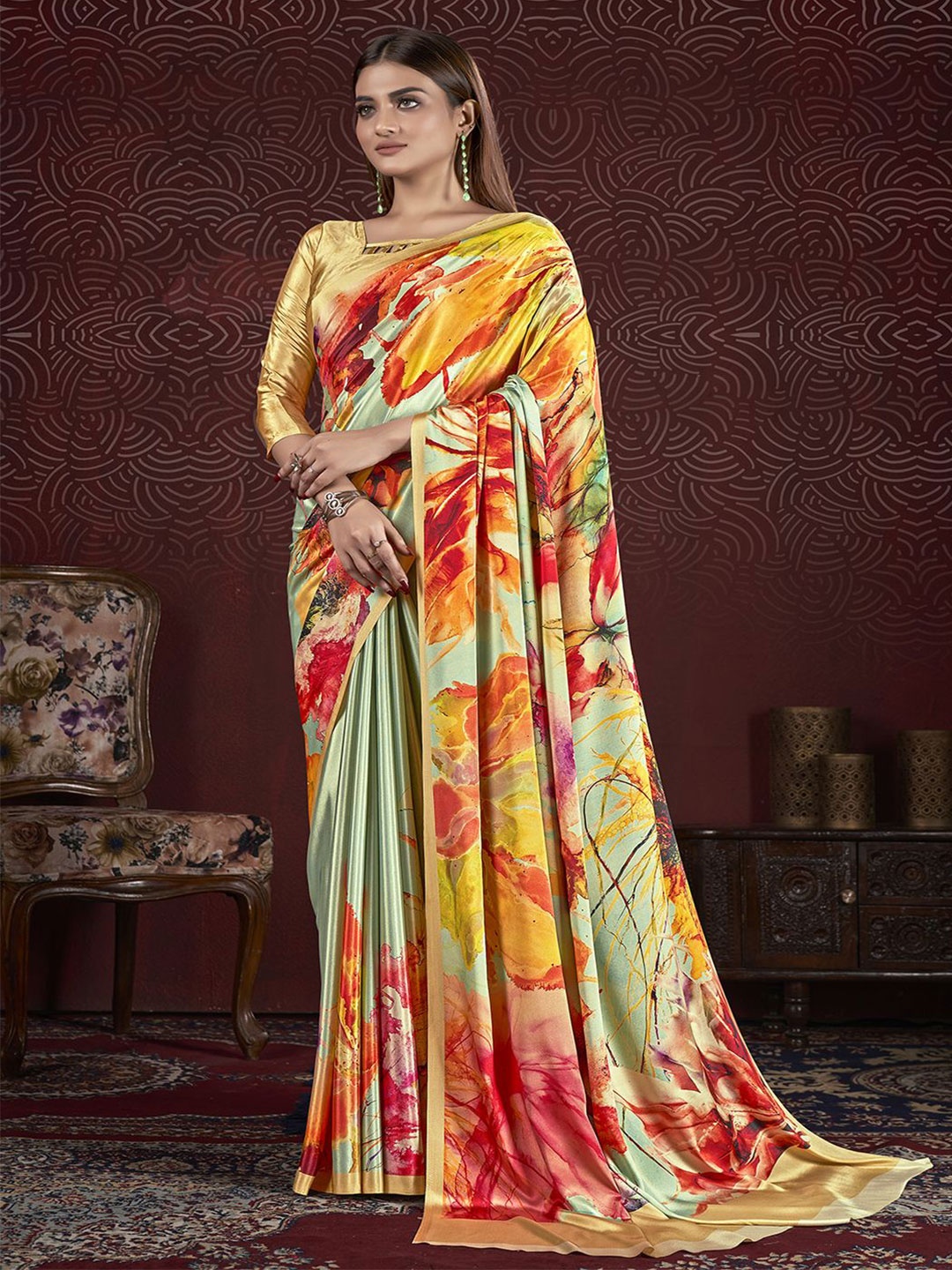 

Krimmple Floral Printed Saree, Pink