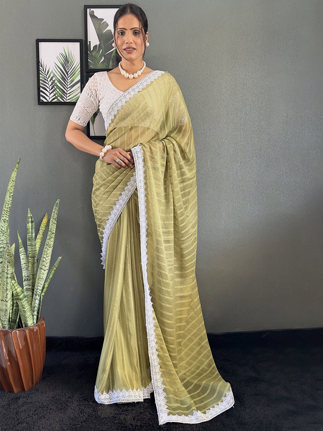 

JULEE Striped Embroidered Pure Chiffon Saree, Lime green