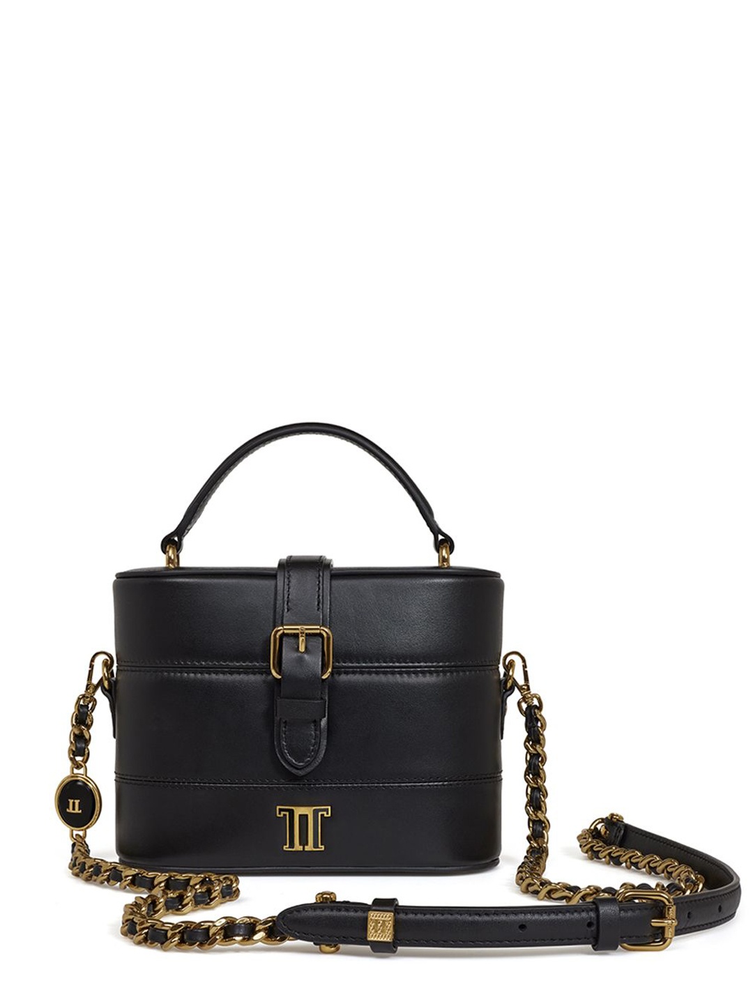 

Tarun Tahiliani Checked Leather Structured Handheld Bag with Tasselled, Black