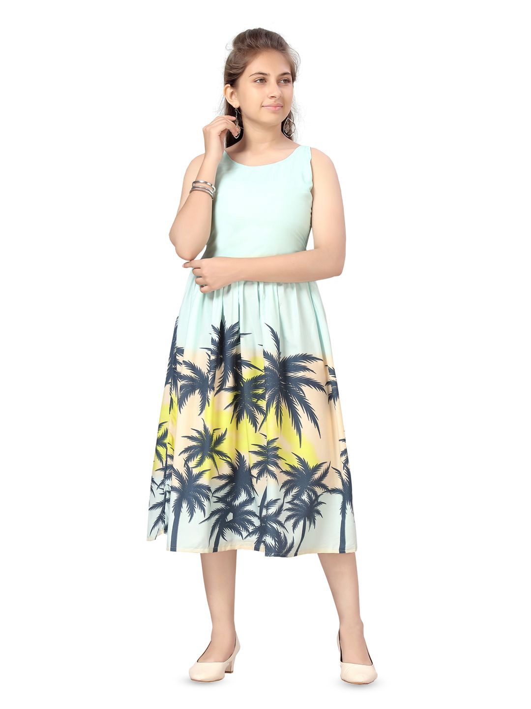 

BAESD Girls Tropical Print Net Fit & Flare Midi Dress, Turquoise blue