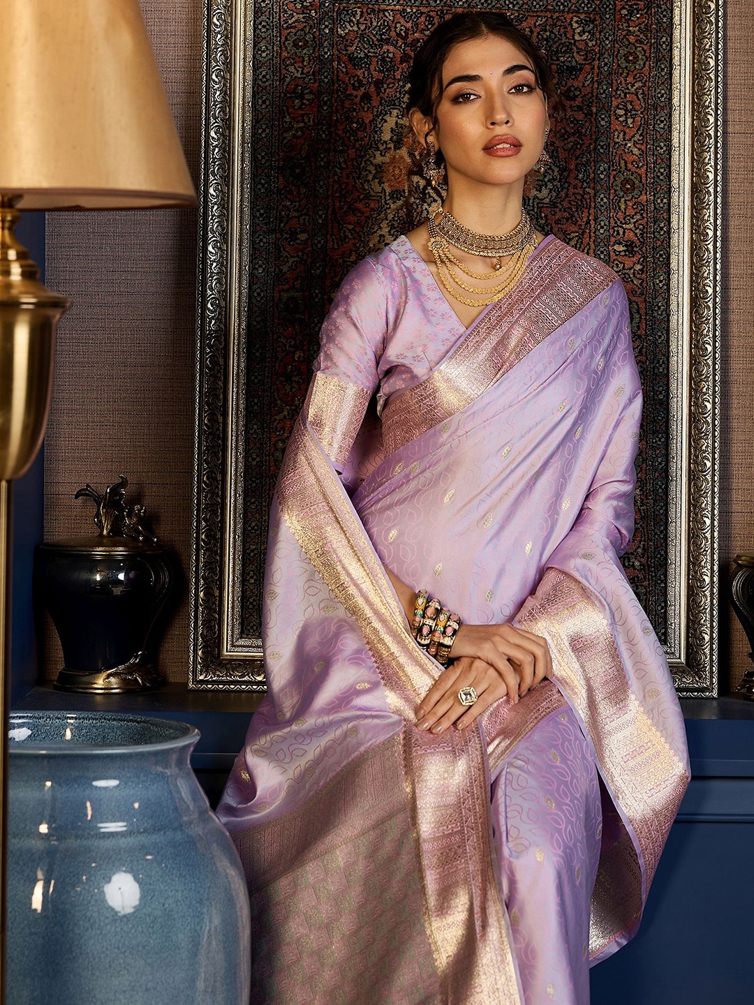 

Sangria Women Woven Design Zari Pure Silk Saree, Lavender