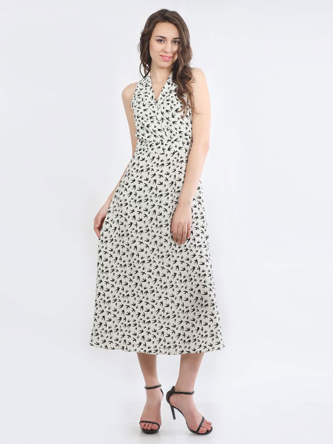 

DELIS Animal Print Georgette A-Line Midi Dress, White
