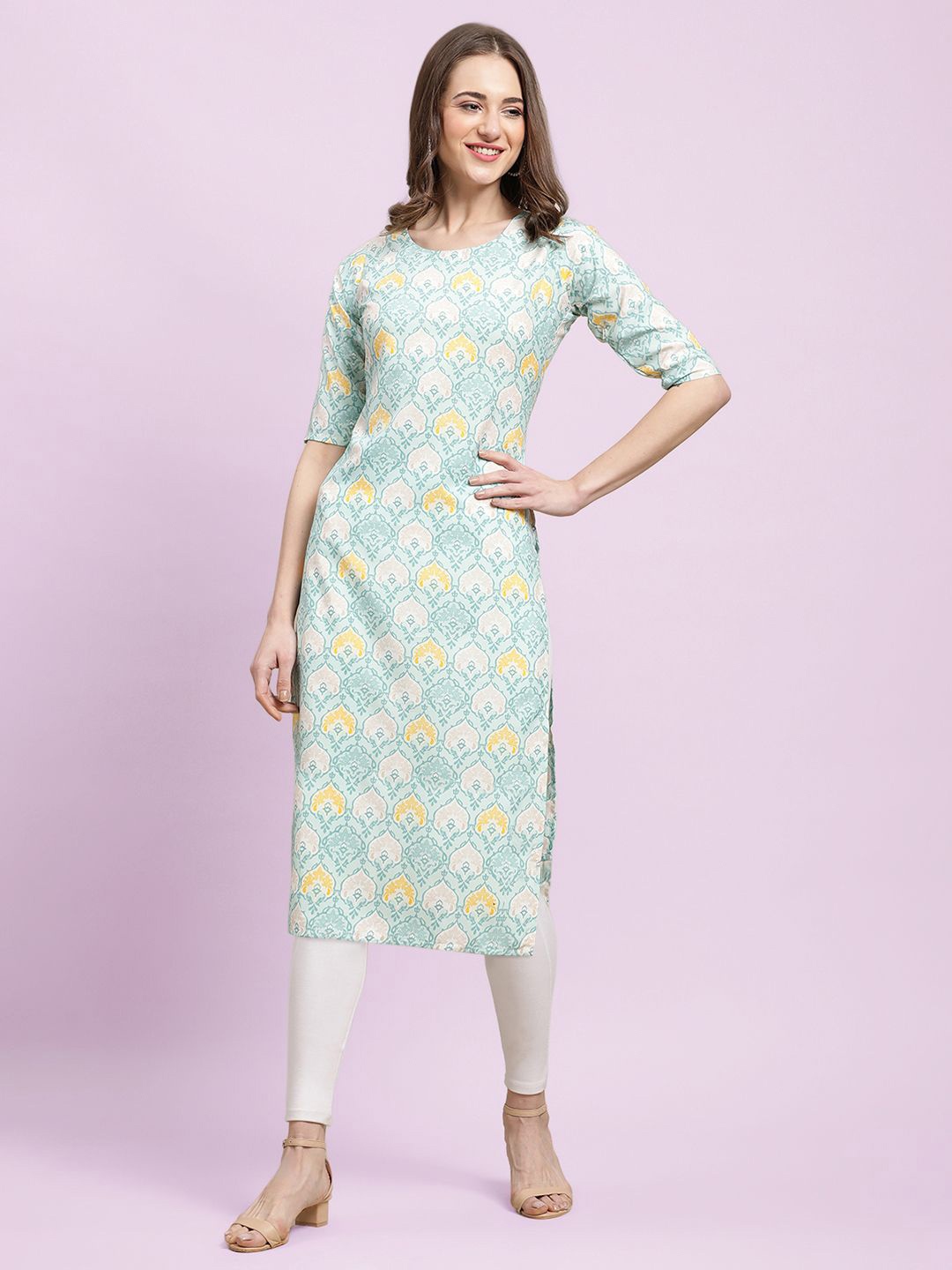 

Moda Rapido Ethnic Motifs Printed Round Neck Straight Kurta, Sea green