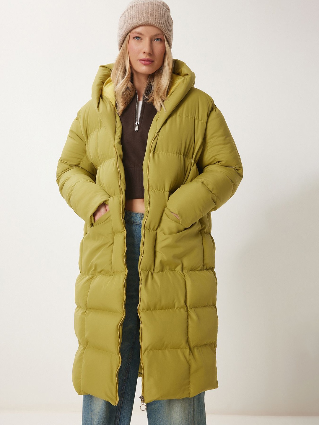 

Happiness istanbul Women Hooded Longline Quilted Jacket, Green