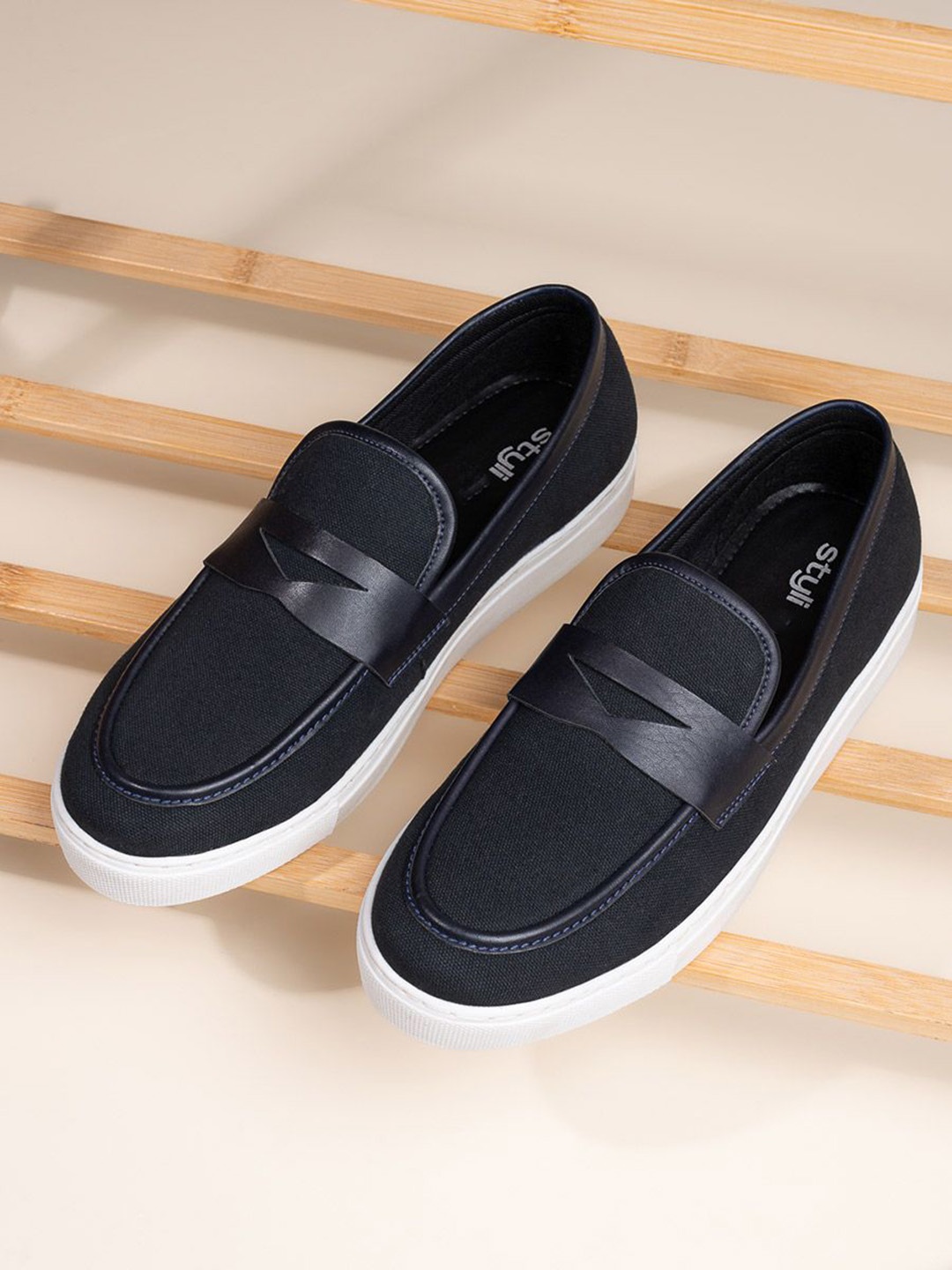

Styli Men Casual Slip On Loafers with Faux Leather Details, Black