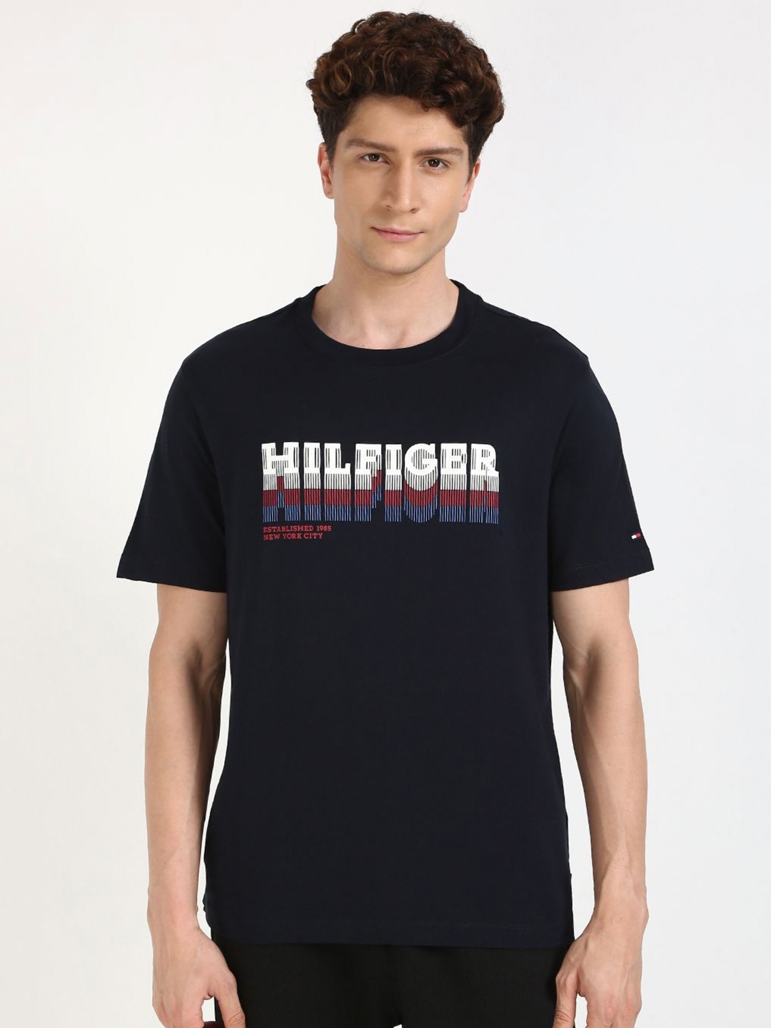 

Tommy Hilfiger Men Typography Printed Round Neck Cotton T-shirt, Navy blue
