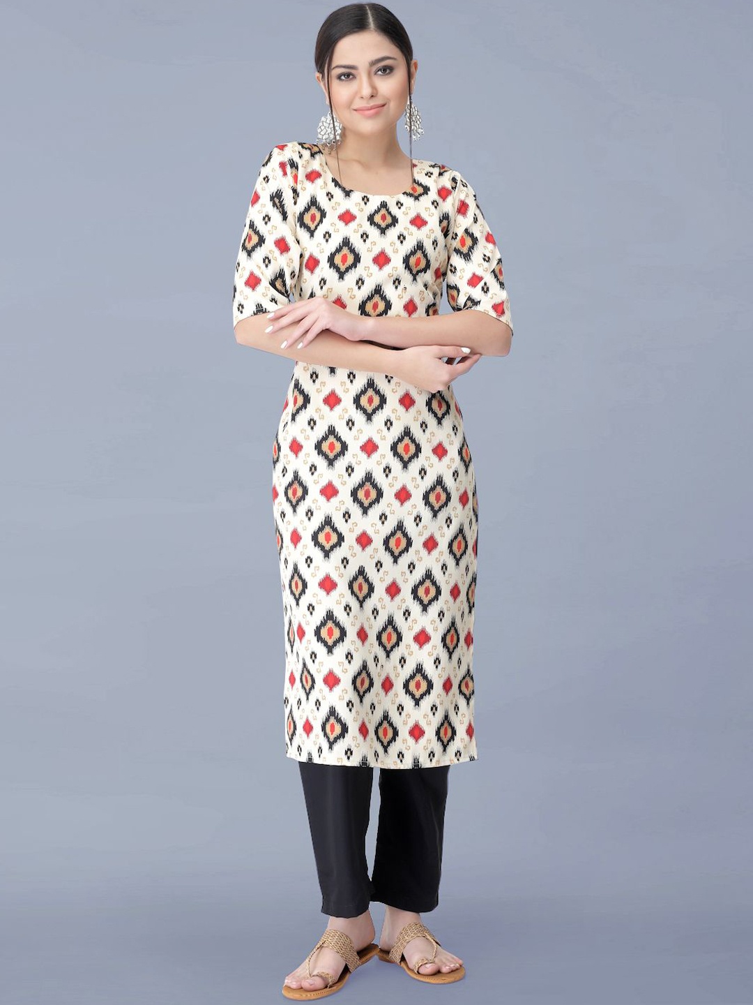 

Moda Rapido Ethnic Motifs Printed Round Neck Straight Kurta With Trousers, Cream