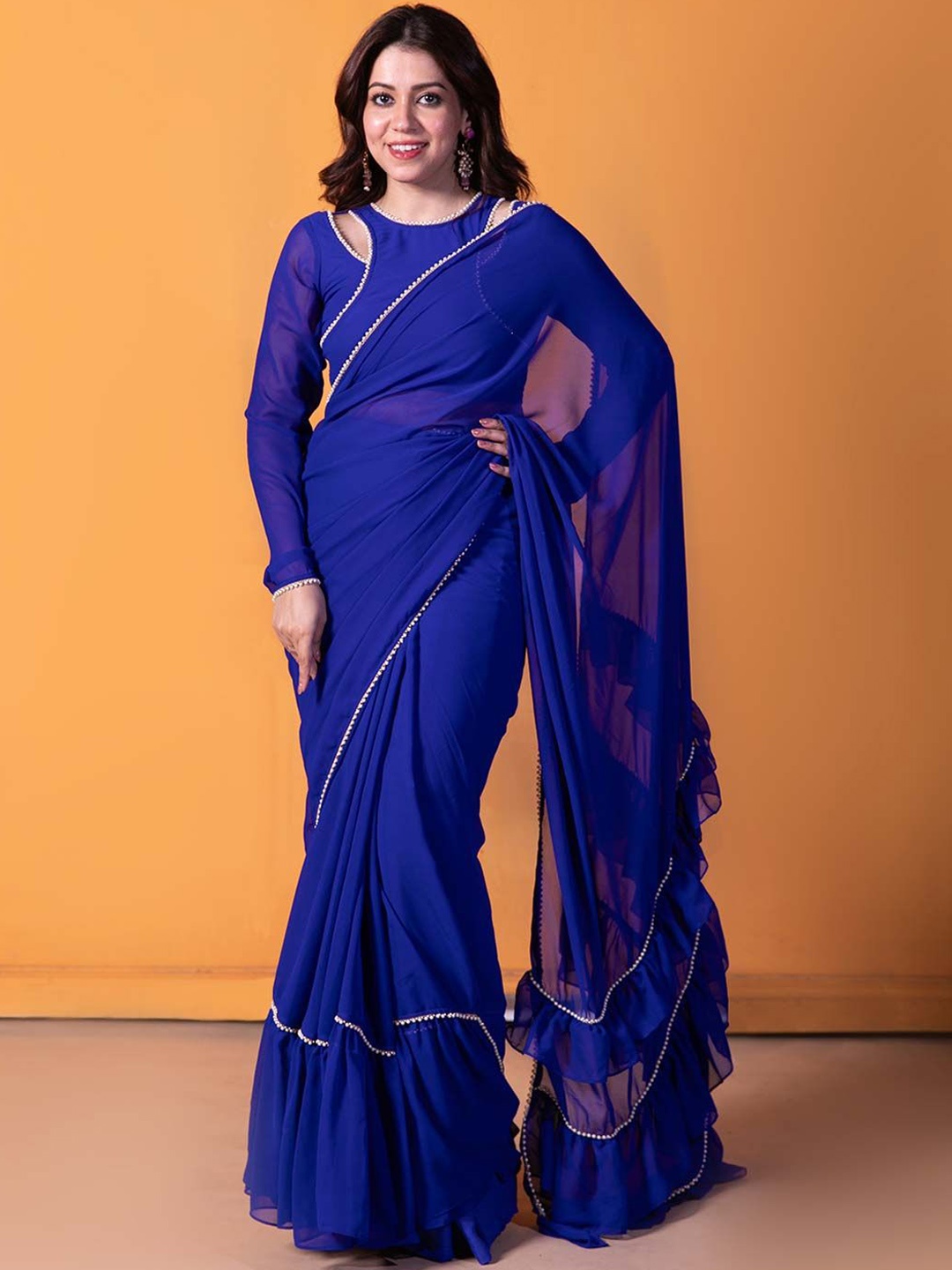 

NUD Aquamarine Ruffles Ready to Wear Saree With Blouse and Peticoat, Blue