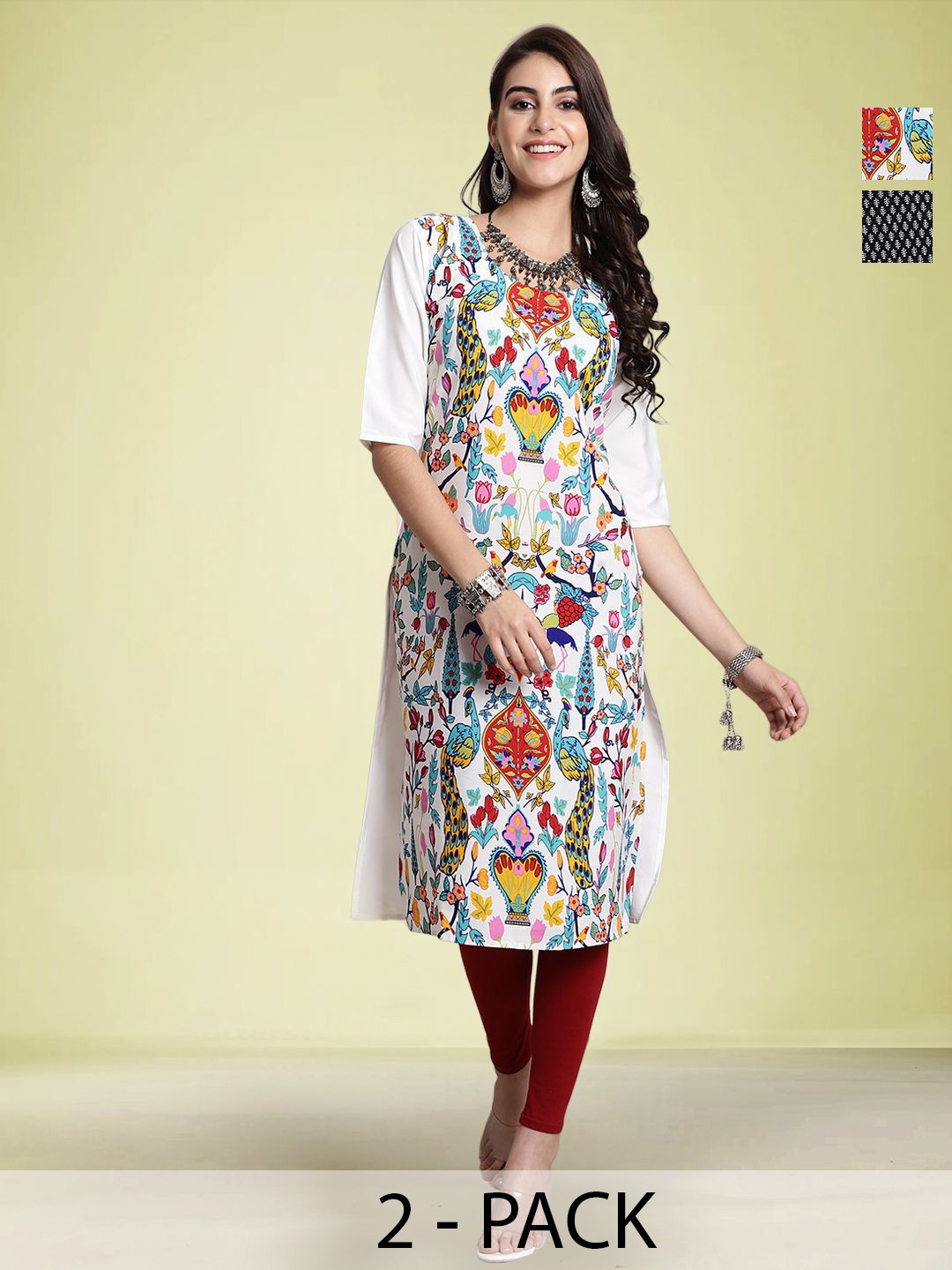 

Moda Rapido Selection Of 2 Floral Printed Round Neck Straight Kurtas, White