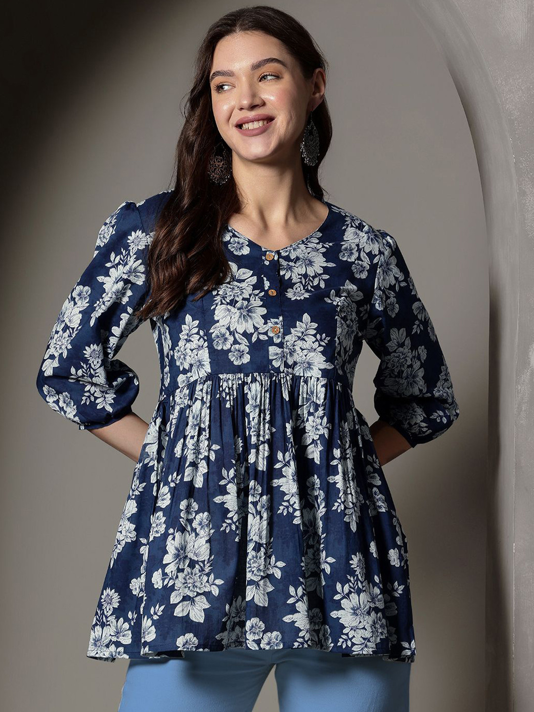 

KALINI Women Floral Printed Cotton A-Line Top, Blue