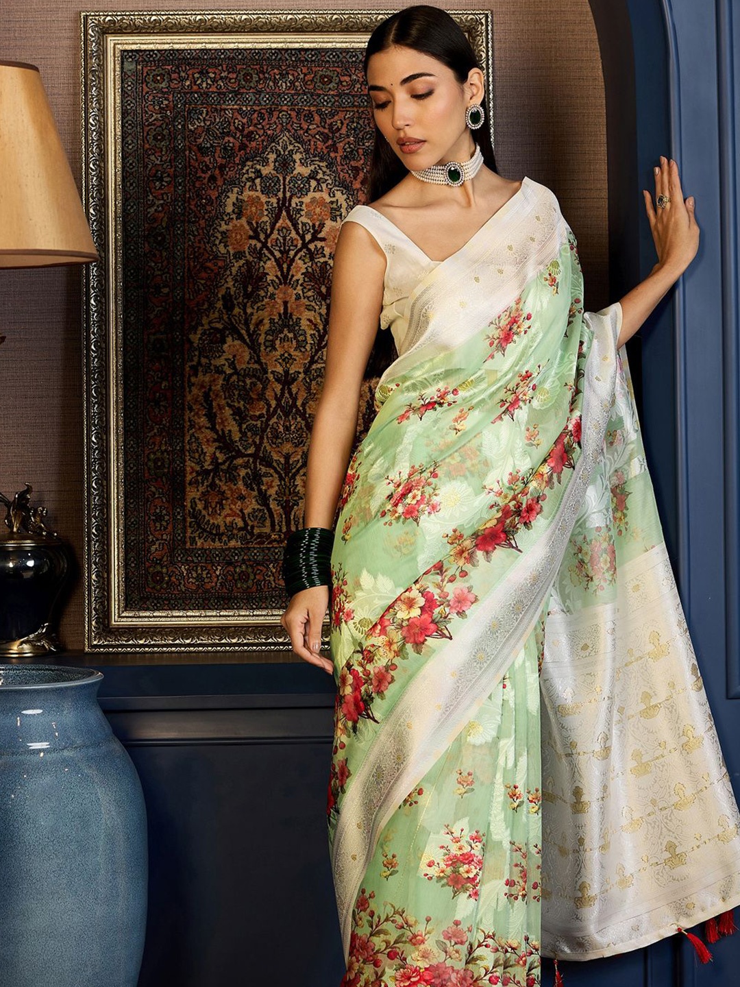 

Mitera Floral Printed Zari Muga Saree, Sea green