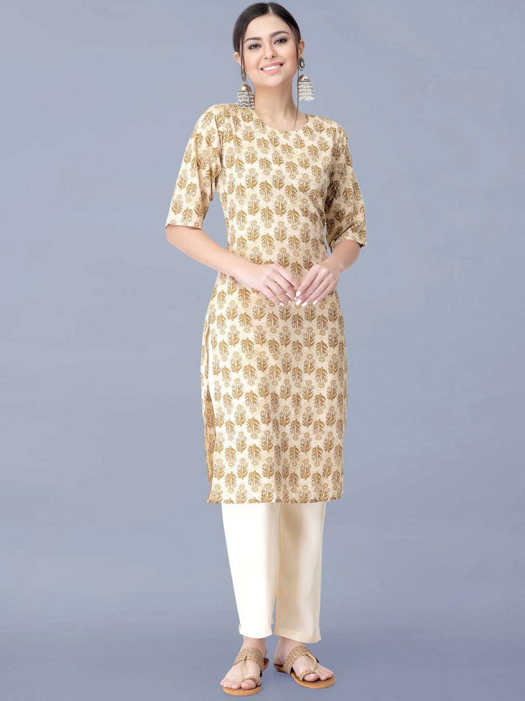 

Moda Rapido Floral Printed Round Neck Straight Kurta With Trousers, Beige