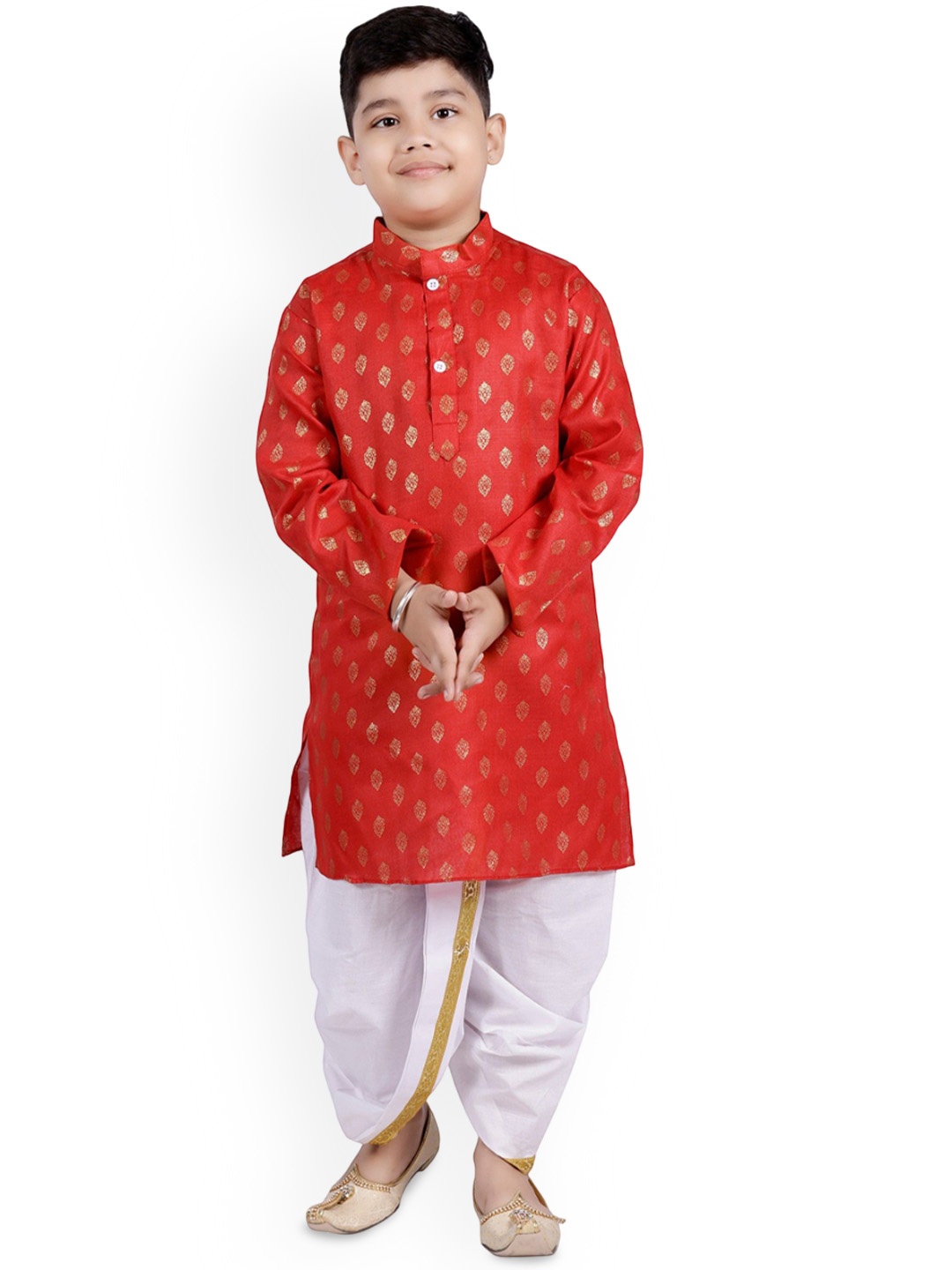 

BAESD Boys Ethnic Motifs Printed Mandarin Collar Straight Kurta with Dhoti Pants, Red