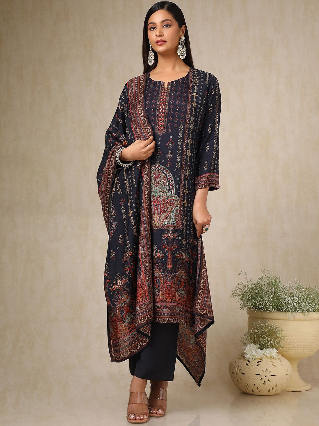 

Soch Women Ethnic Motifs Printed Regular Sequinned Kurta with Trousers & With Dupatta, Black