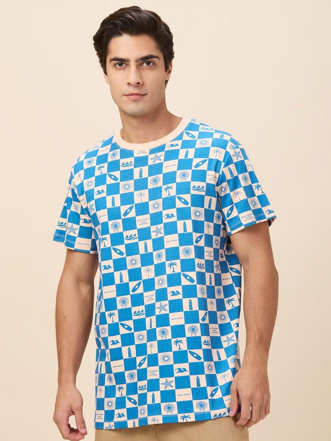 

Being Human Men Geometric Printed Round Neck Cotton Relaxed Fit T-shirt, Blue