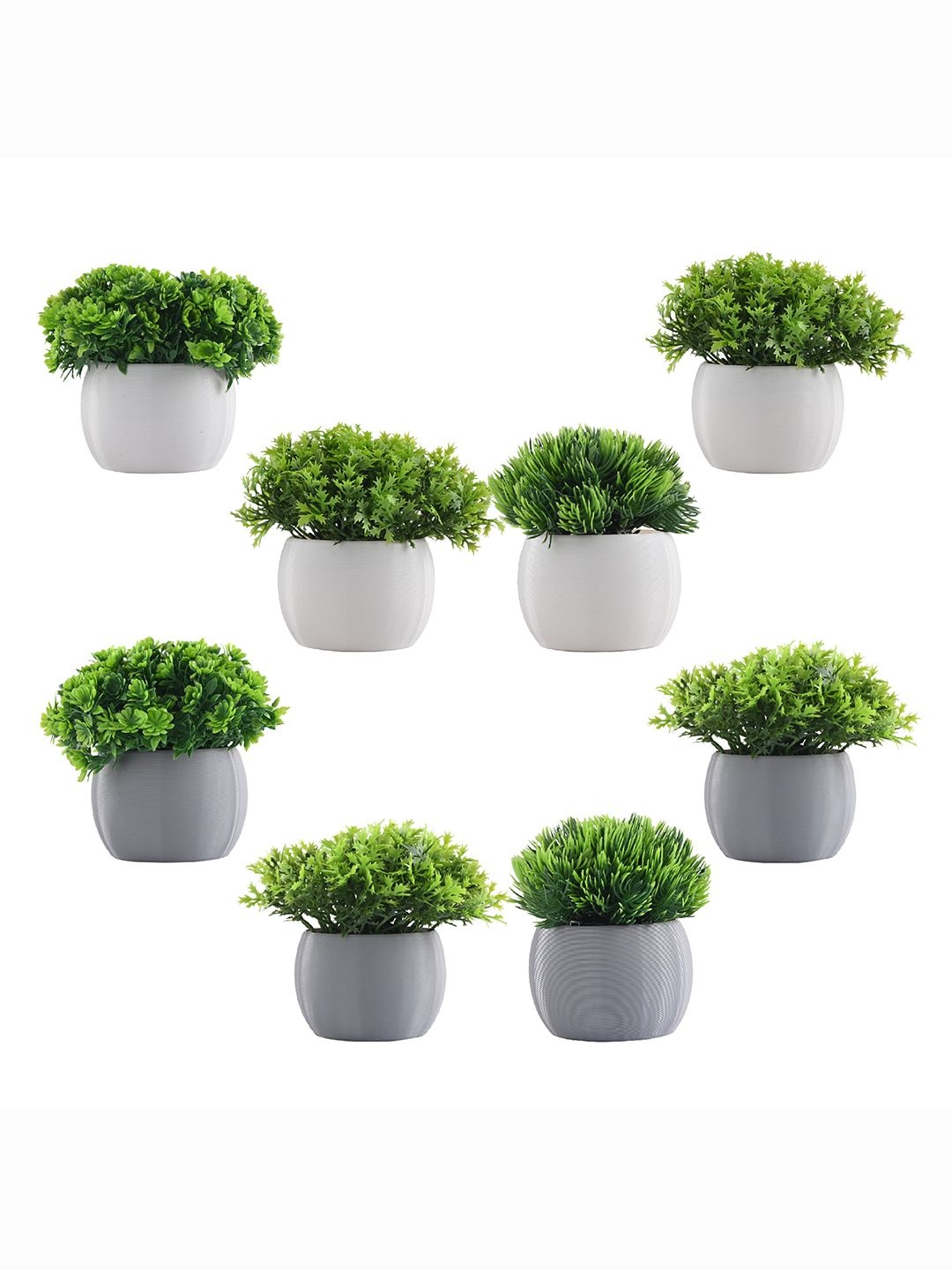 

Kuber Industries White & Green 8 Pieces Bonsai Artificial Plants With Pots