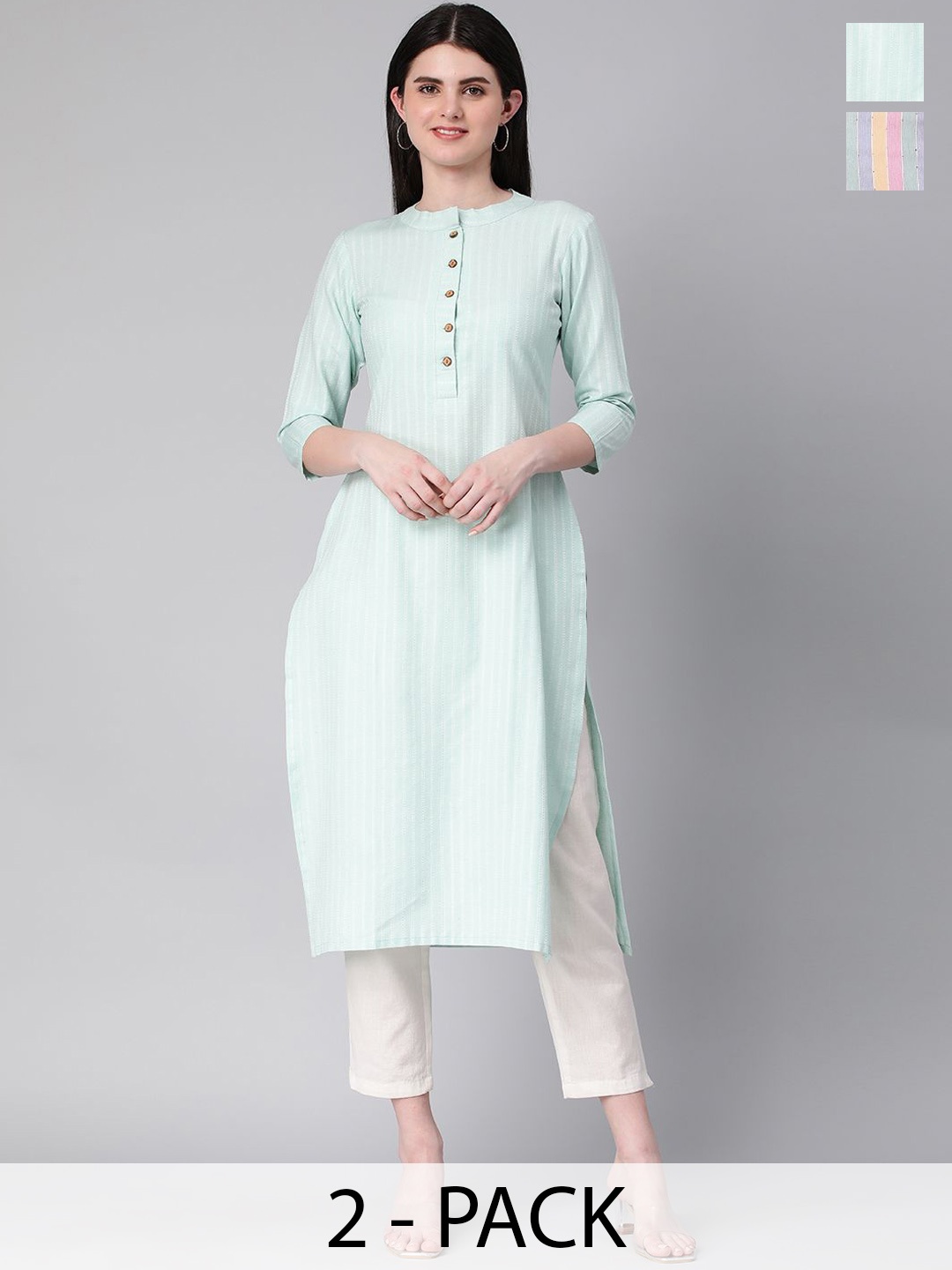 

KALINI Selection Of 2 Striped Mandarin Collar Straight Kurtas, Turquoise blue