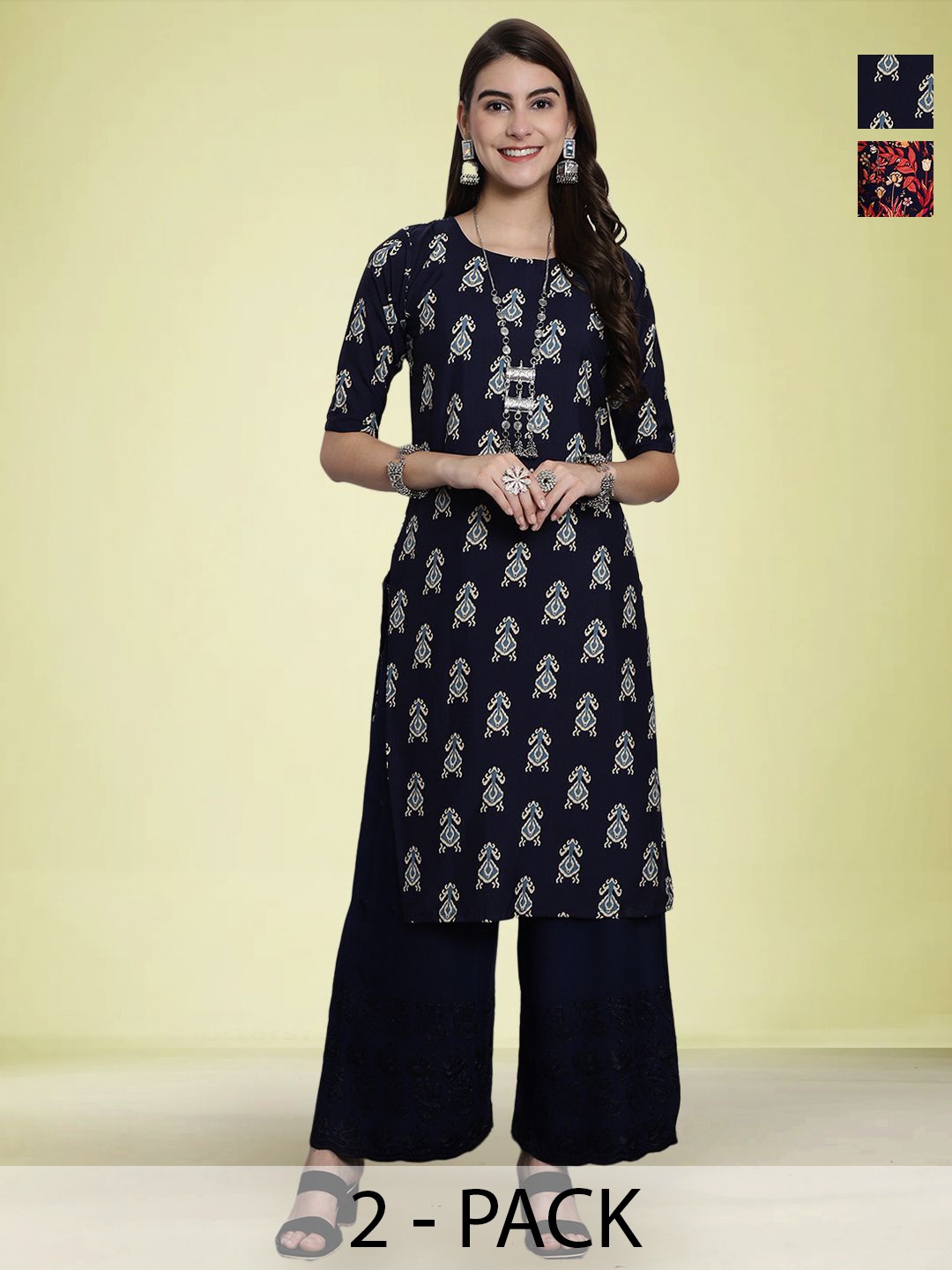 

Moda Rapido Pack Of 2 Geometric Printed Round Neck Straight Kurta, Black
