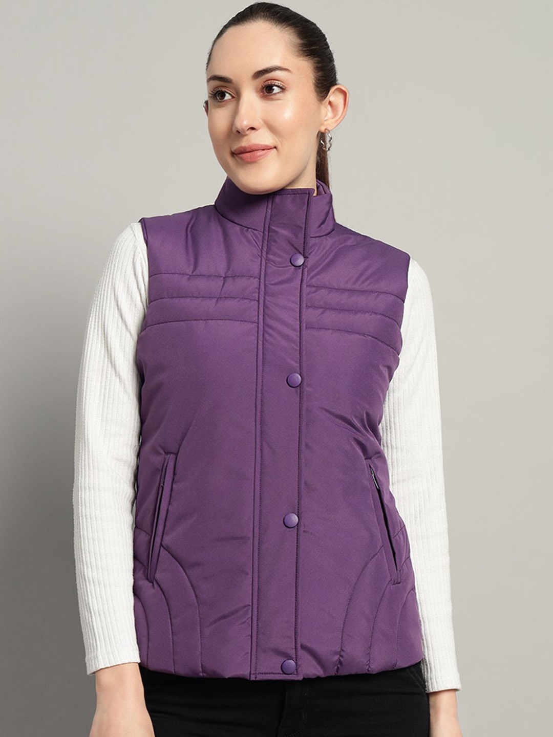 

AR-FIT Women Mock Collar Solid Casual Water Resistant Padded Jacket, Purple