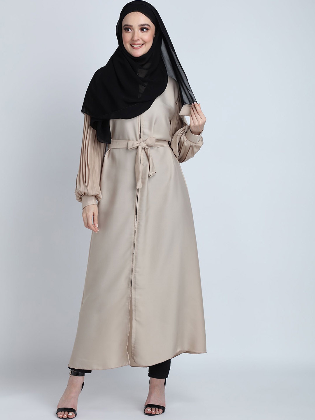 

BROKE BRAND Round Neck Abaya With Waist Belt, Nude