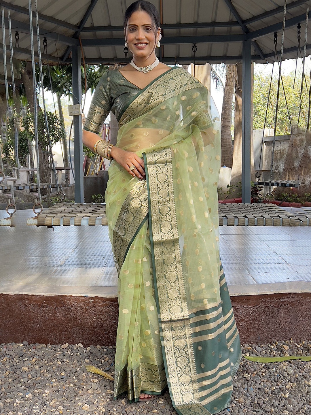 

JULEE Woven Design Organza Ready To Wear Saree, Green