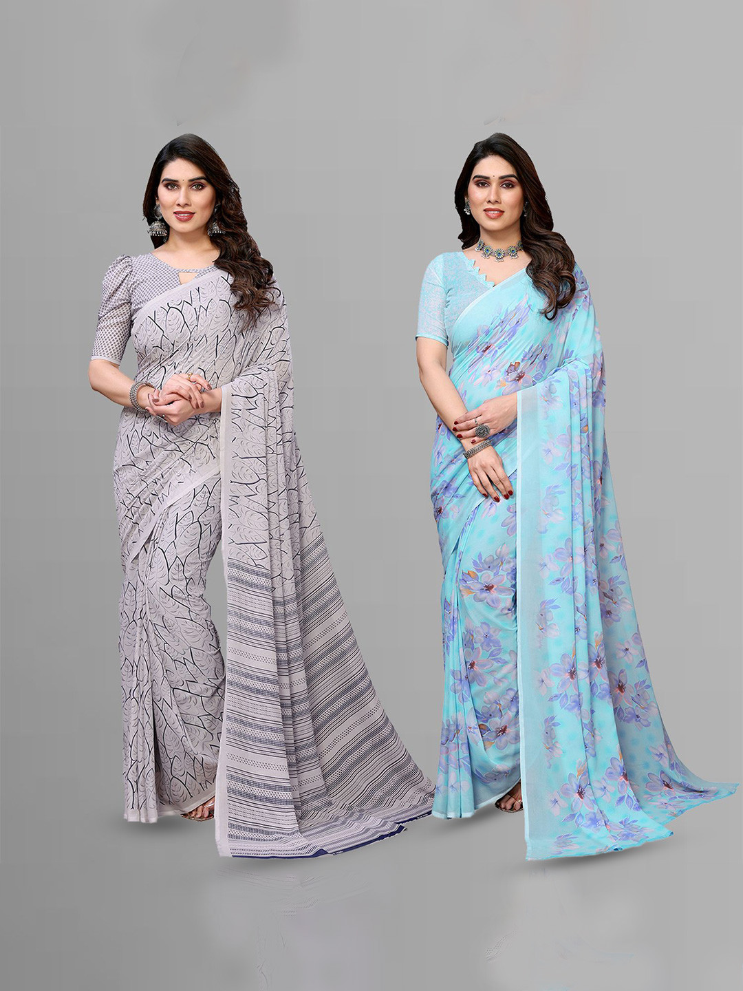 

Moda Rapido Floral Poly Georgette Saree, Grey melange