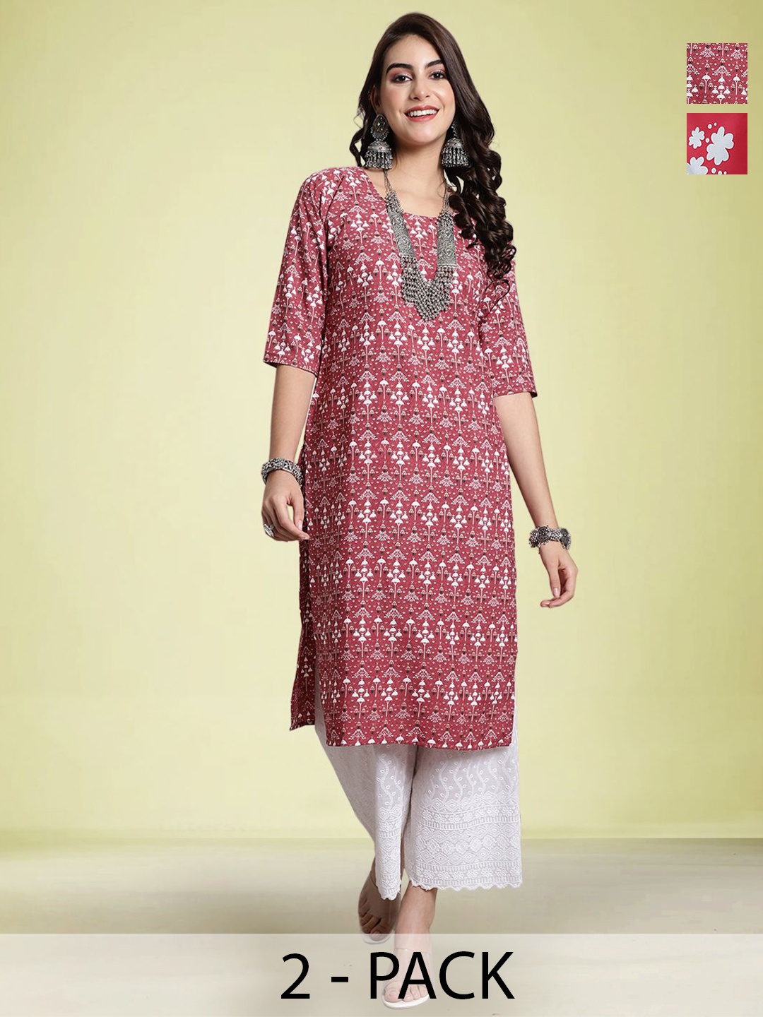 

Moda Rapido Women Pack of 2 Ethnic Motifs Printed Round Neck Straight Kurtas, Red