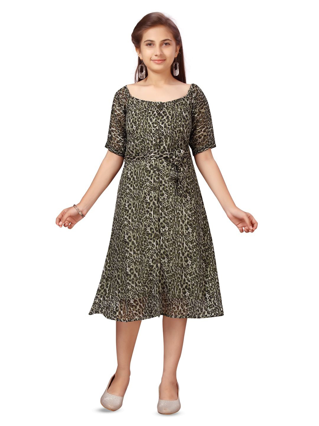 

HERE&NOW Girls Animal Printed Georgette A-Line Midi Dress, Green
