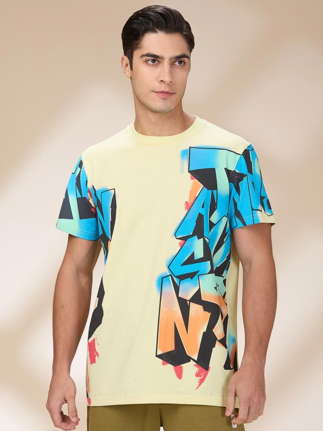 

Being Human Men Typography Printed Round Neck Cotton Relaxed Fit T-shirt, Beige