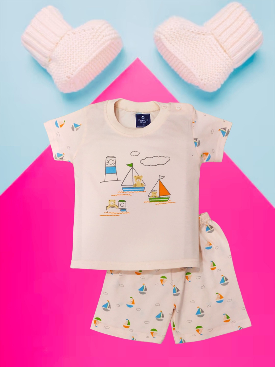 

FASHION GRAB Infant Kids Printed Pure Cotton T-Shirt With Shorts, Peach