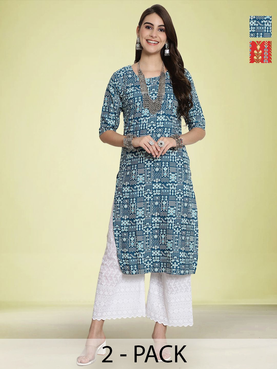 

Moda Rapido Selection Of 2 Ethnic Motifs Printed Round Neck Straight Kurtas, Teal