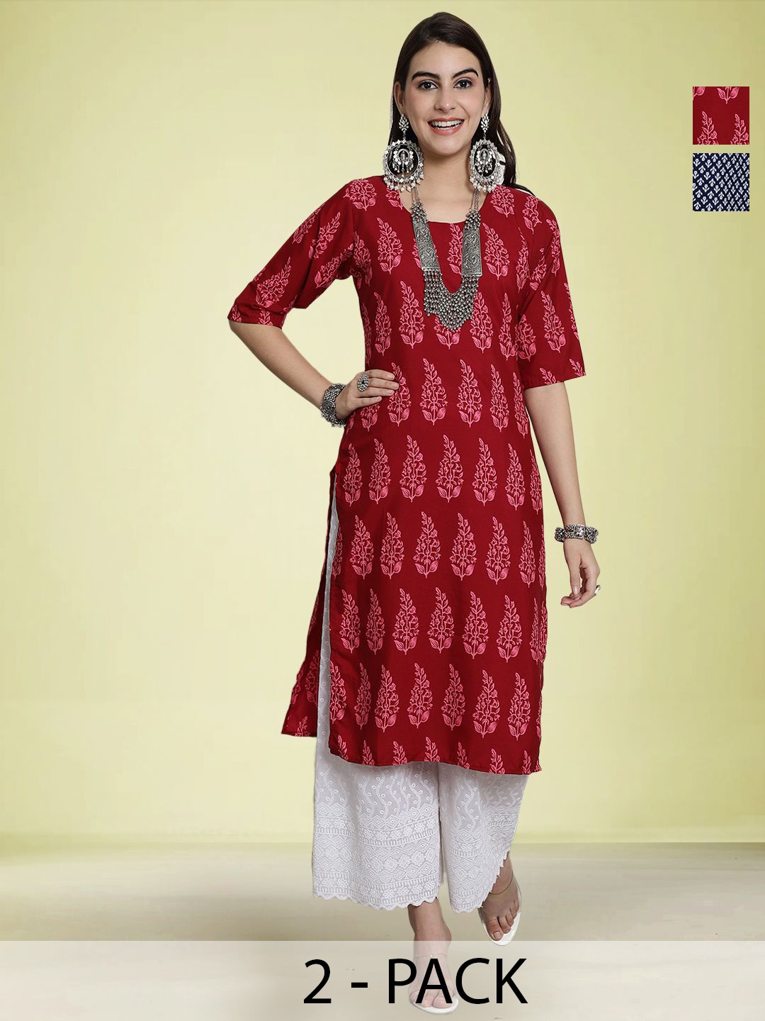 

Moda Rapido Selection Of 2 Floral Printed Round Neck Straight Kurtas, Red