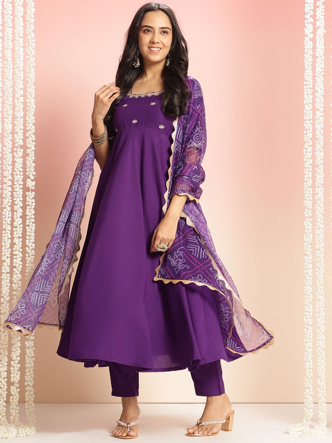 

GoSriKi Women Floral Embroidered Gotta Patti Anarkali Kurta With Trouser And Dupatta, Purple