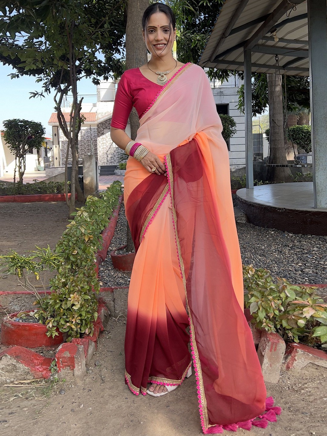 

JULEE Ombre Printed Pure Georgette Ready to Wear Saree, Orange