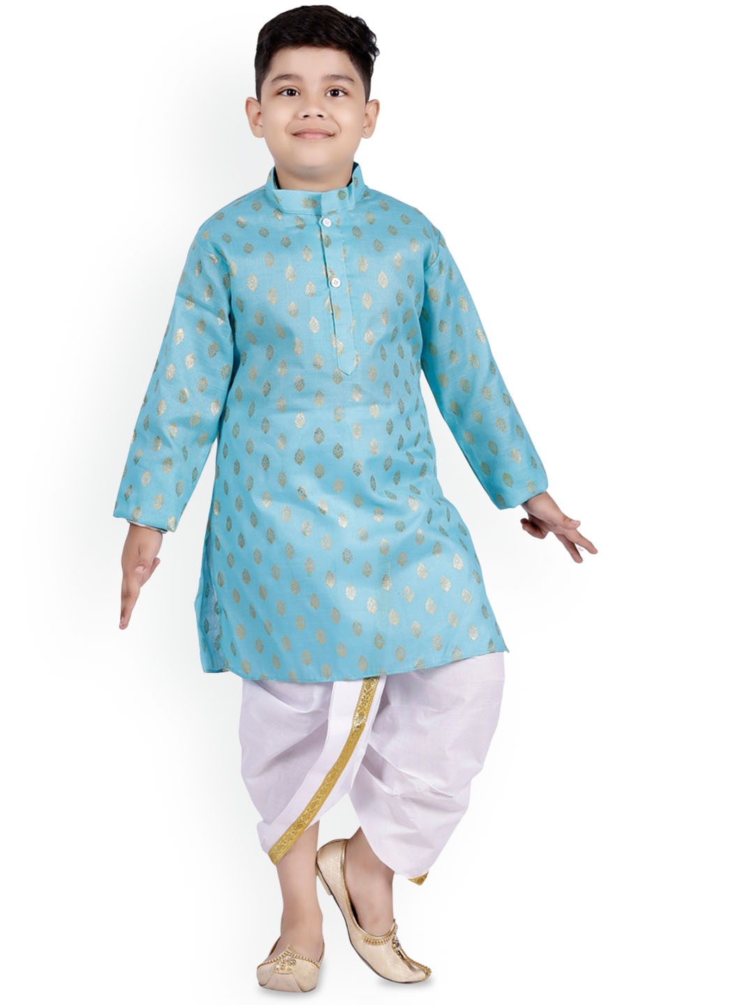 

BAESD Boys Ethnic Motifs Printed Mandarin Collar Straight Kurta with Dhoti Pants, Blue