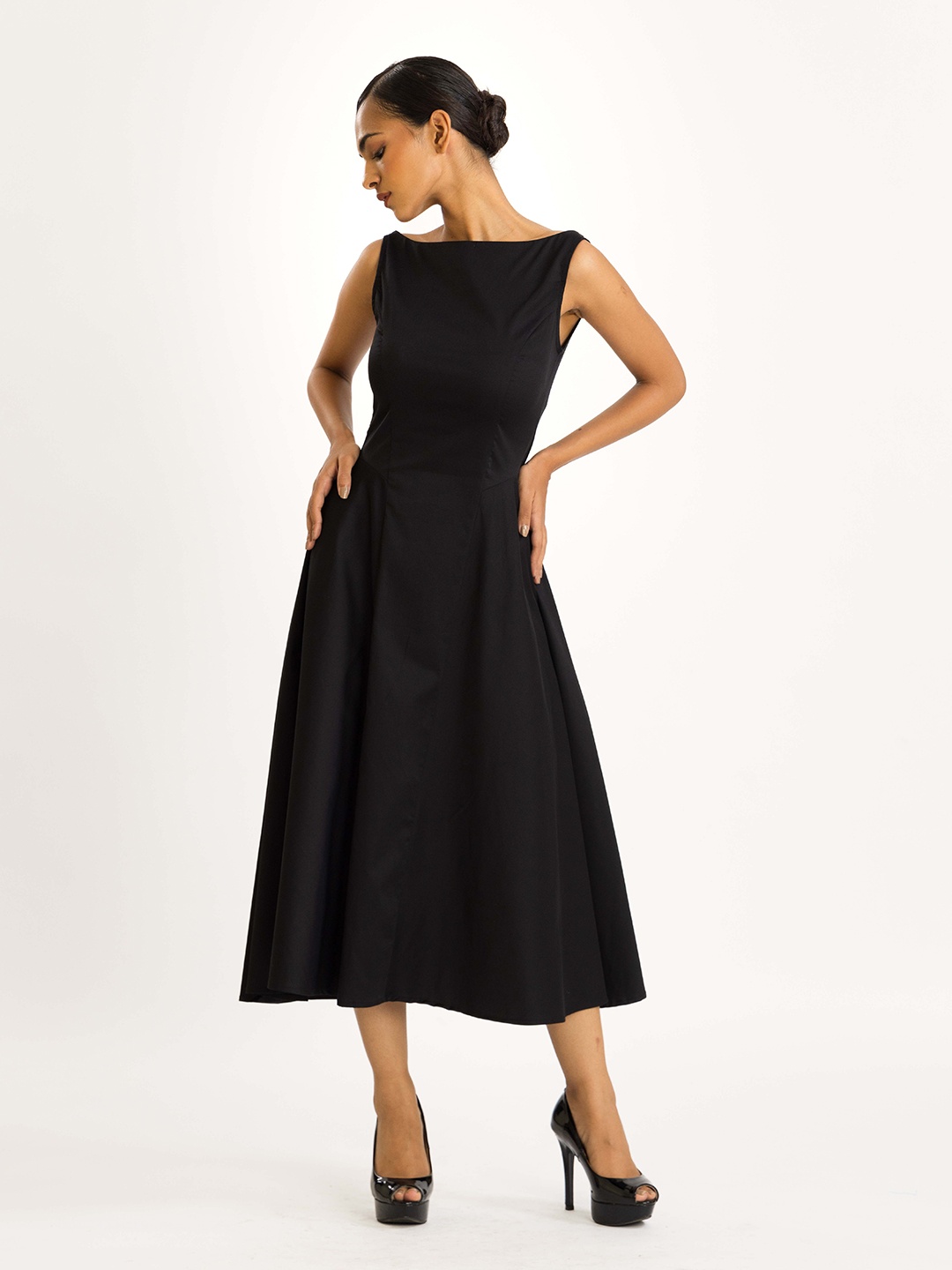 

Past Modern Satin Fit & Flare Midi Dress, Black