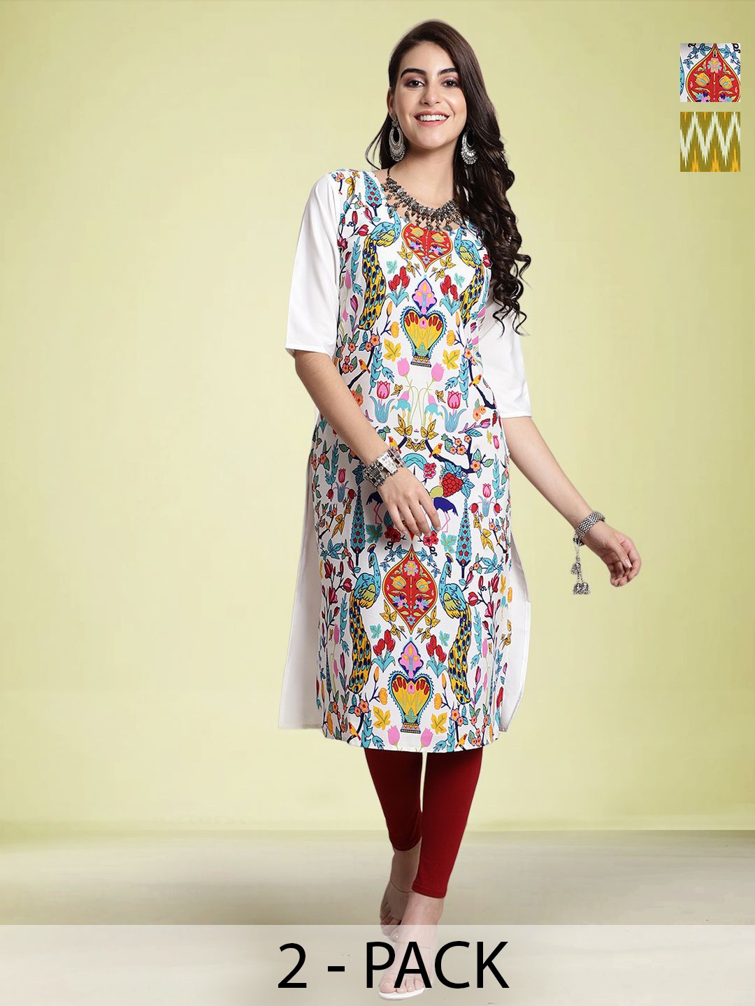 

Moda Rapido Selection Of 2 Ethnic Motifs Printed Round Neck Straight Kurtas, White