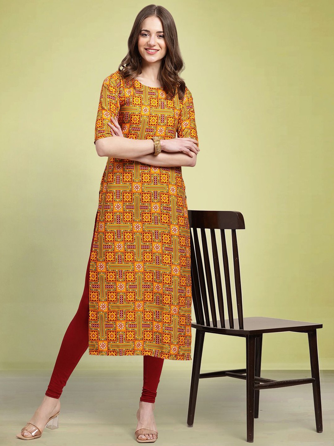

Moda Rapido Women Ethnic Motifs Printed Round Neck Straight Kurta, Mustard