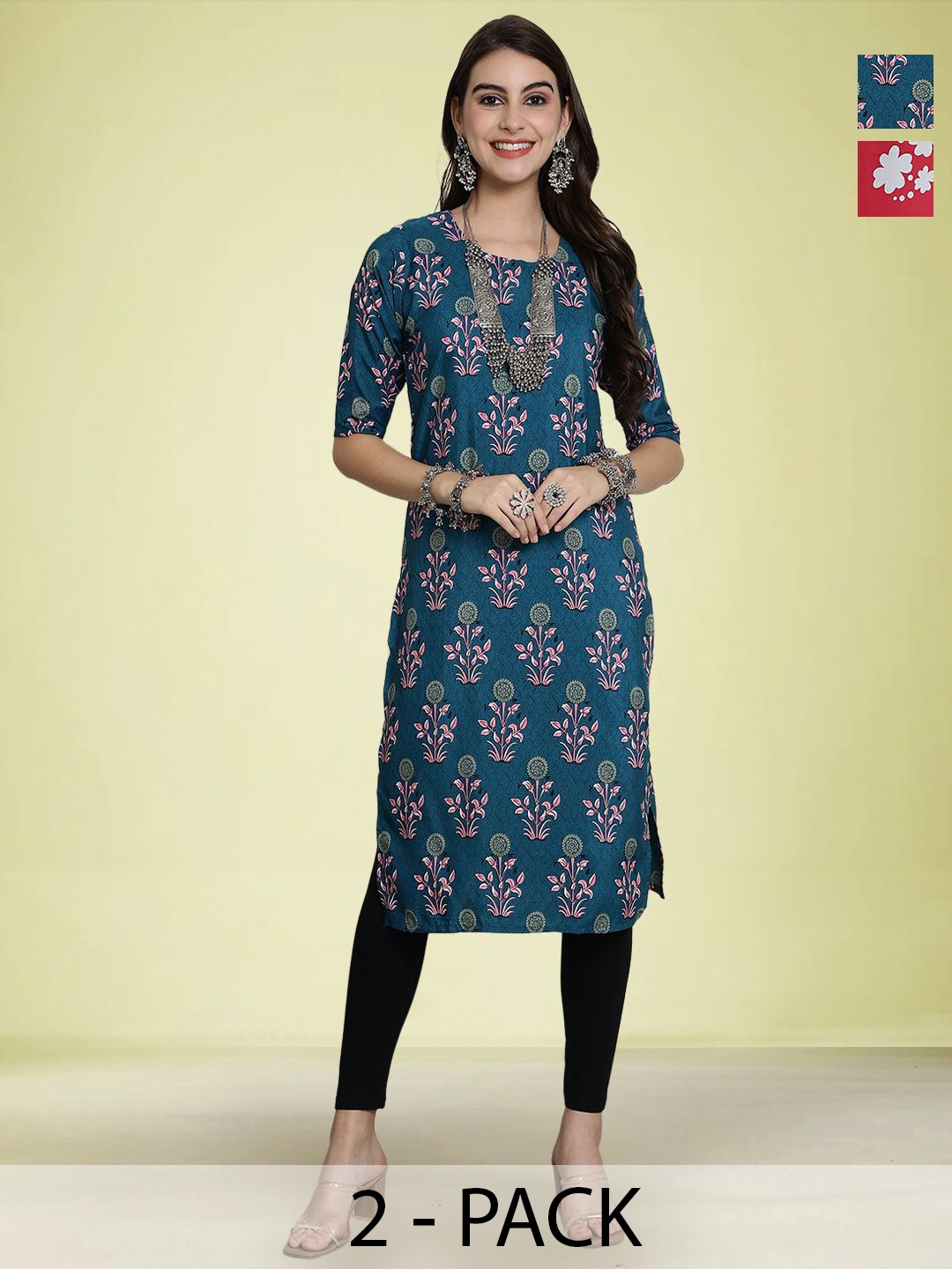 

Moda Rapido Women Pack Of 2 Ethnic Motifs Printed Round Neck Straight Kurtas, Blue