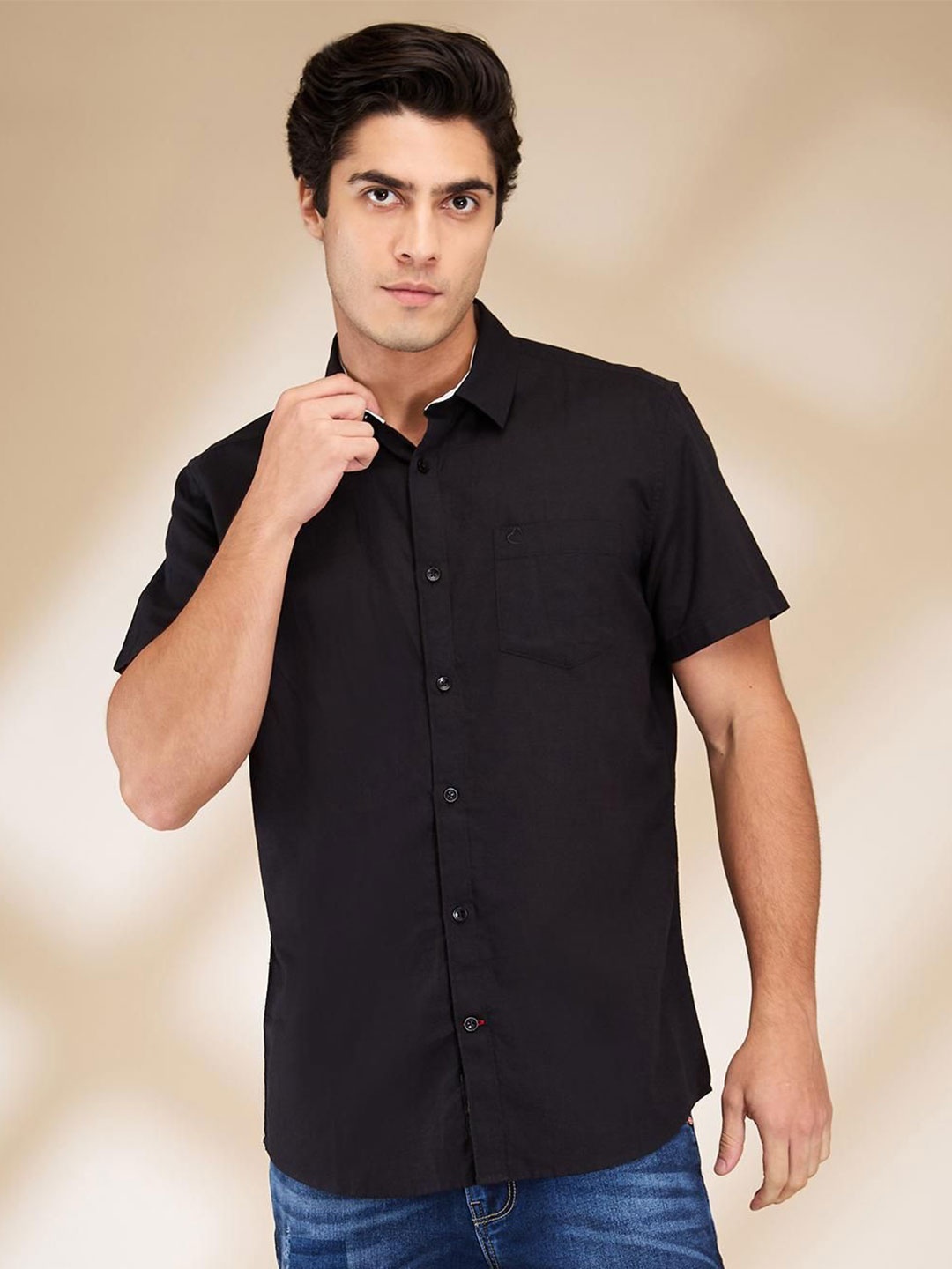 

Being Human Men Classic Fit Spread Collar Solid Cotton Linen Casual Shirt, Black