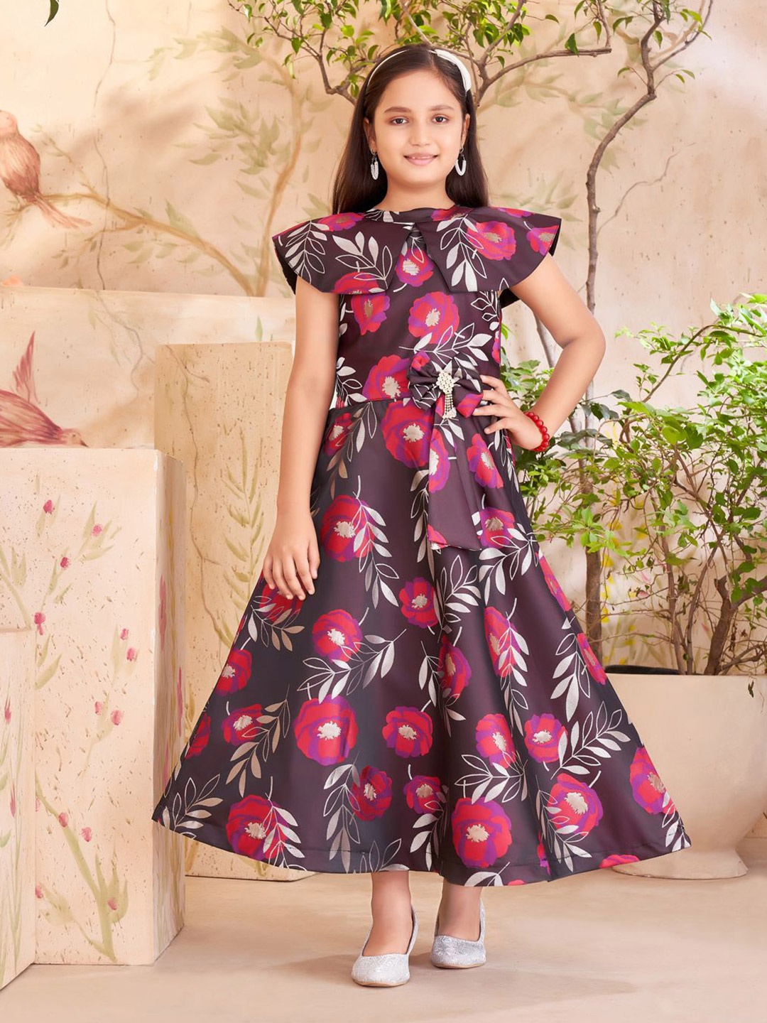 

Sangria Girls Floral Printed Gown, Burgundy