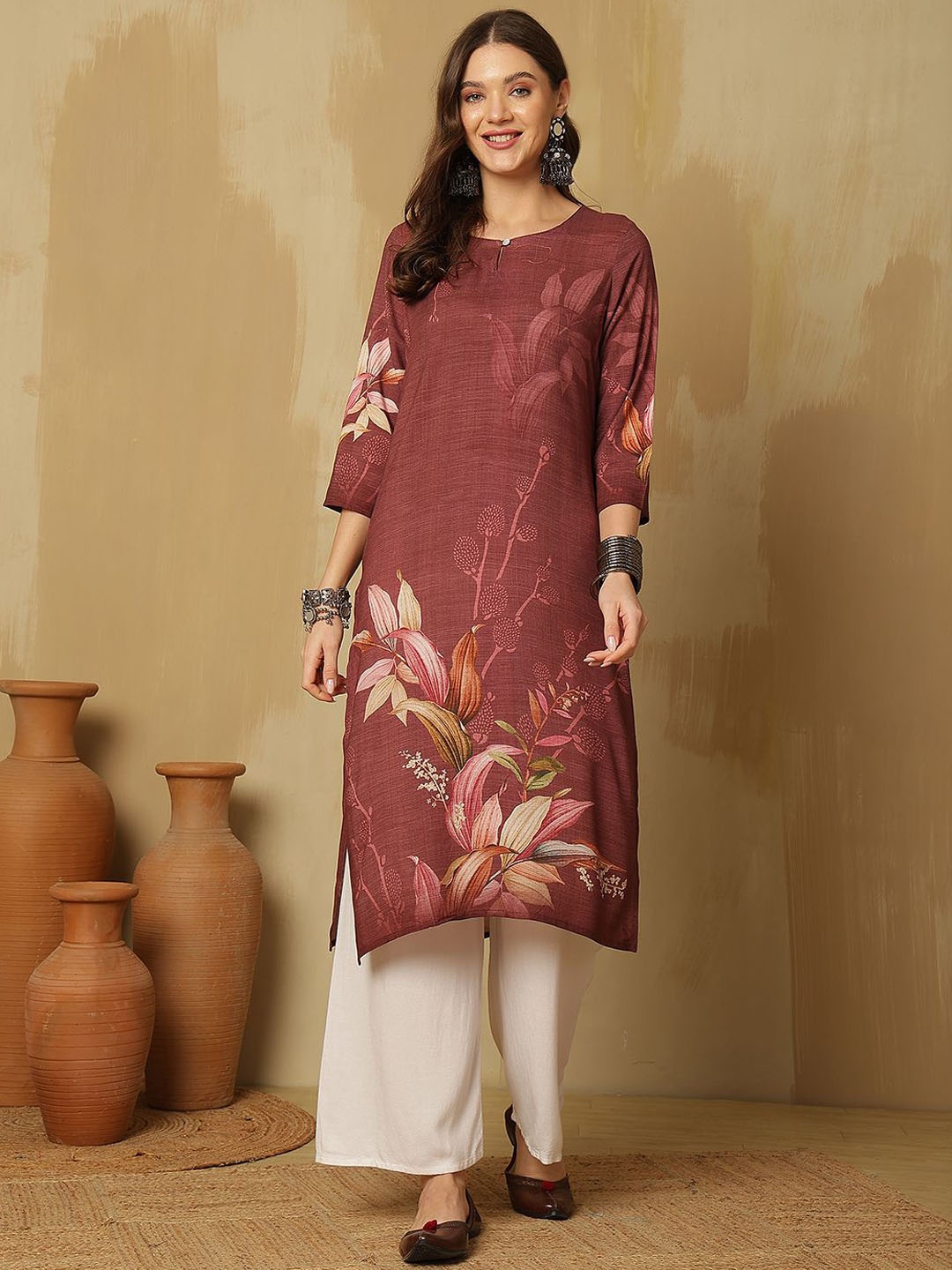 

Anouk Rust Floral Printed Keyhole Neck Straight Kurta