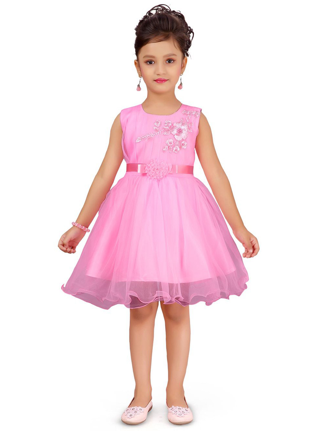

Sangria Girls Floral Embroidered Gown Knee Length Dress, Pink