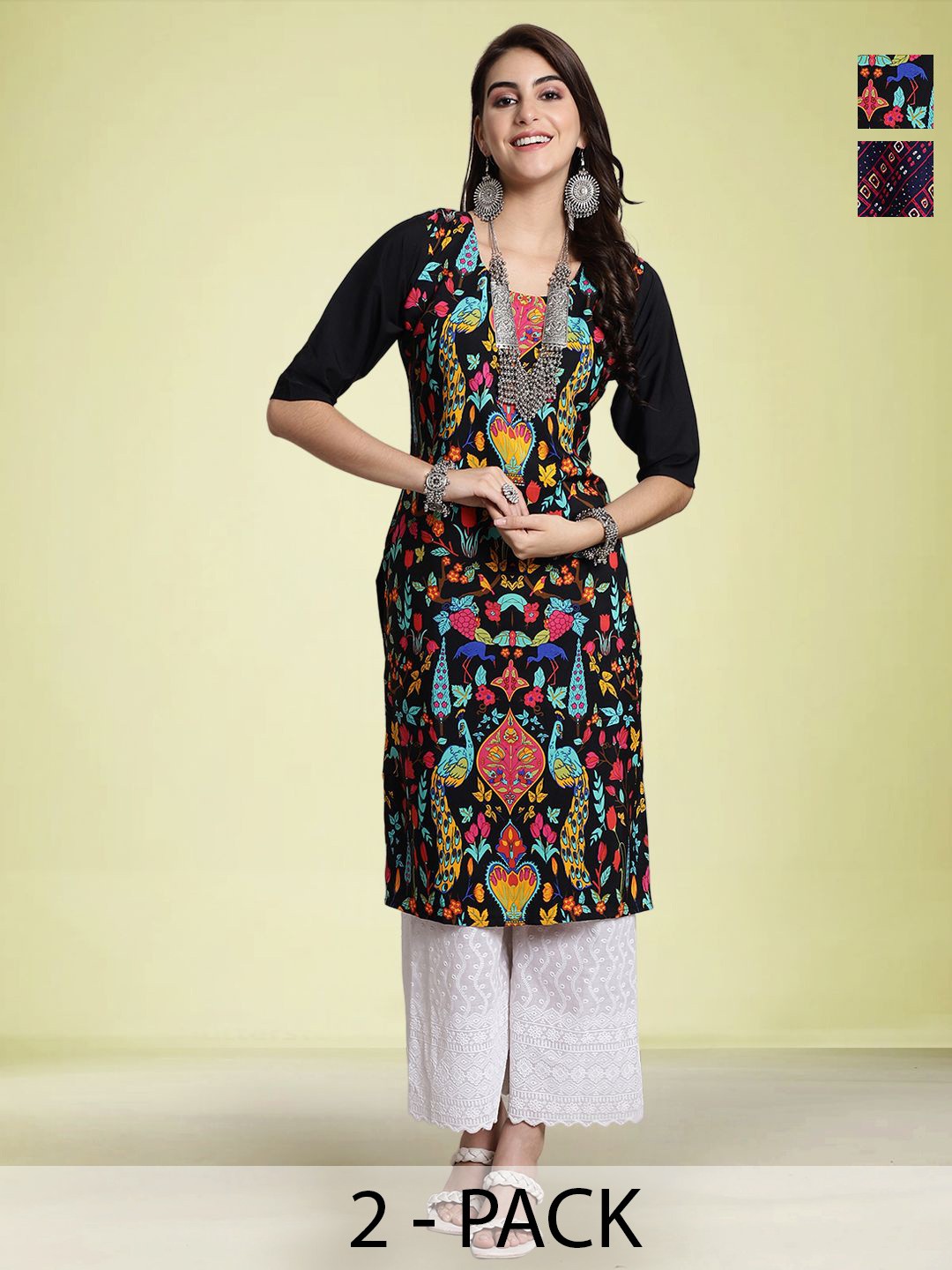 

Moda Rapido Selection of 2 Ethnic Motifs Printed Round Neck Kurta, Black
