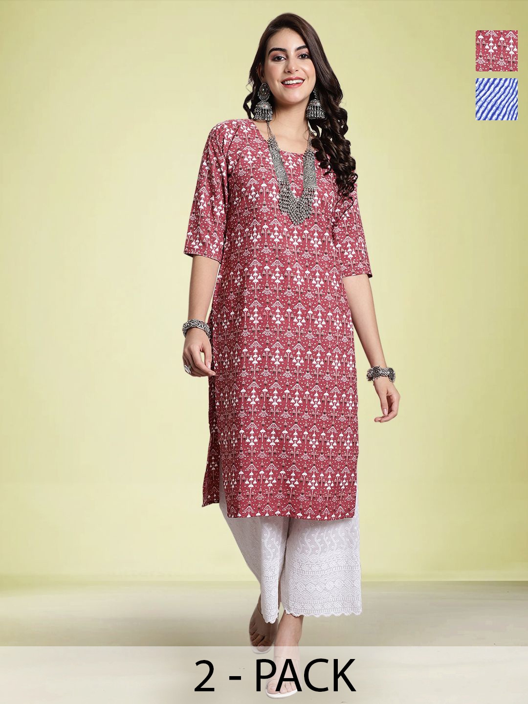 

Moda Rapido Selection Of 2 Ethnic Motifs Printed Round Neck Straight Kurtas, Red