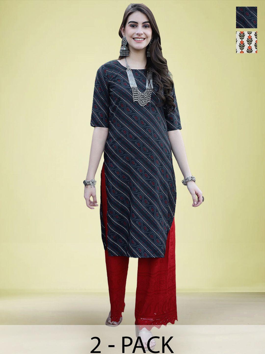 

Moda Rapido Selection Of 2 Paisley Printed Round Neck Straight Kurtas, Black