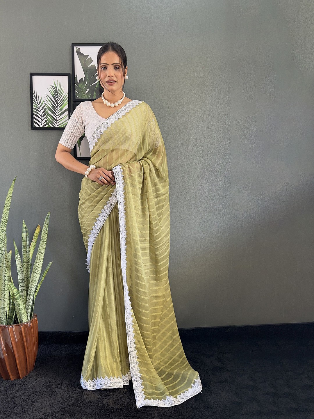 

LADY SHOPI Striped Gotta Patti Pure Chiffon Saree, Lime green